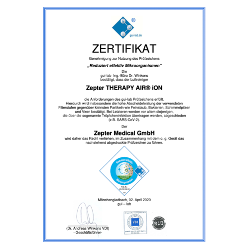 gui-lab Zertifkat Luftreiniger Therapy Air® iOn von Zepter